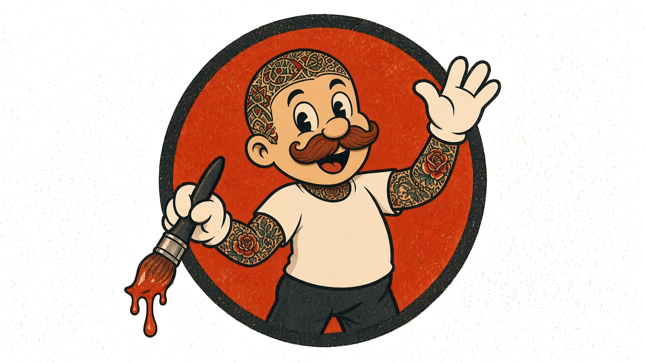 Illustrated mascot: a tattooed painter in a white T-shirt holding a paint roller