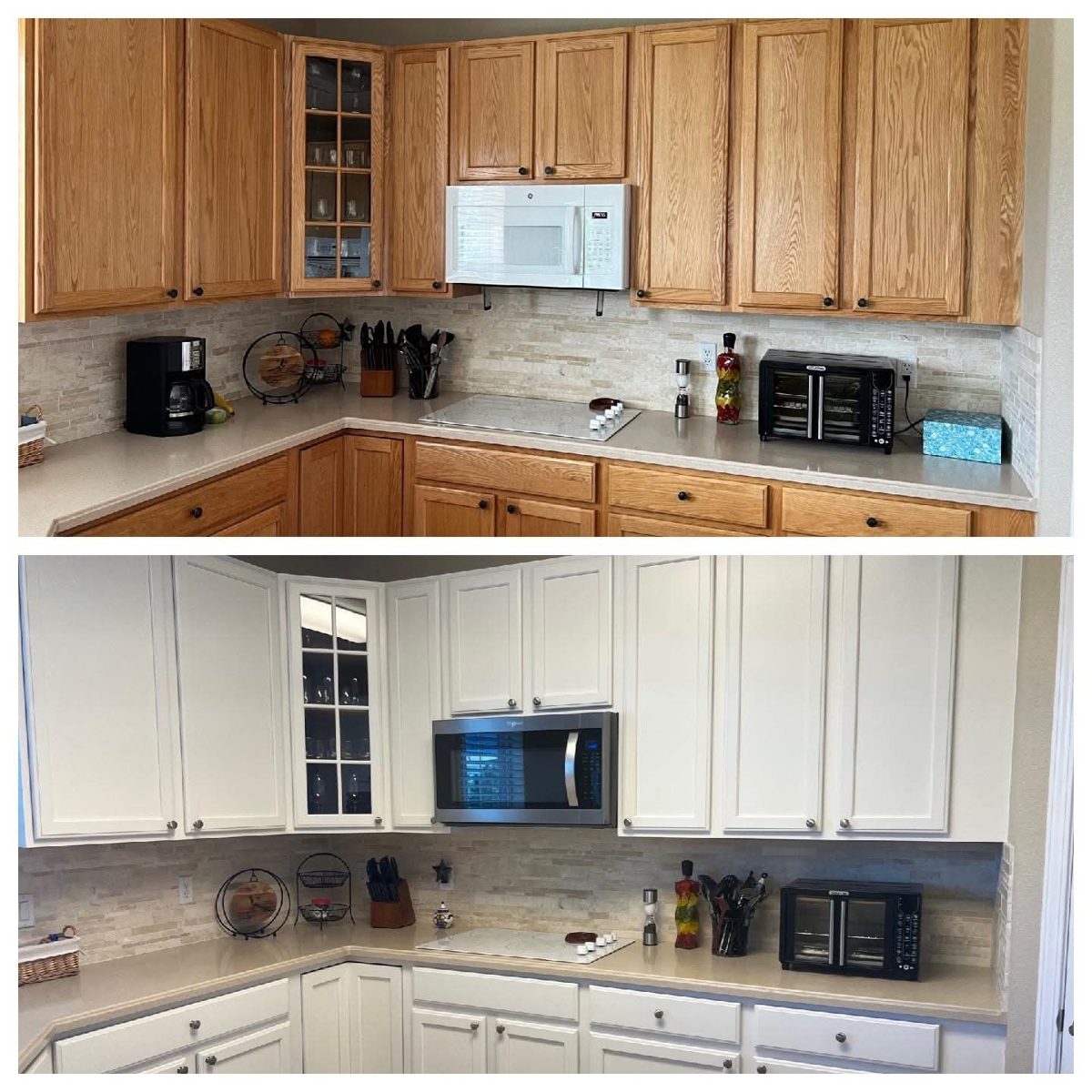 Before and after: oak kitchen cabinets painted white by Rock's Finest Finishes
